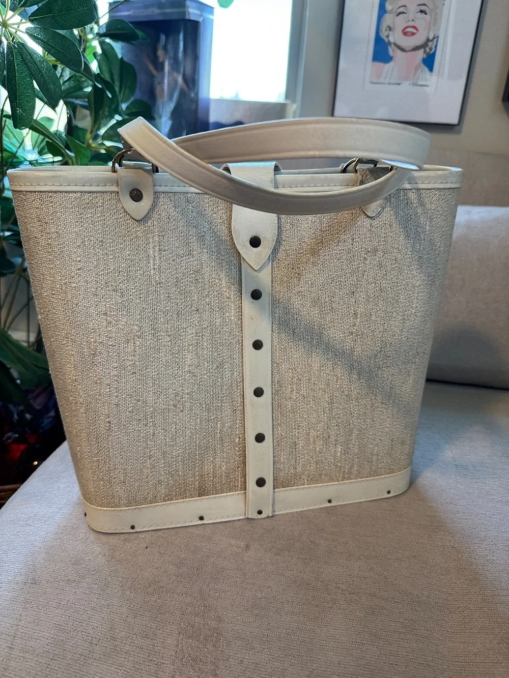 Vintage Cream Tote with Green Floral Appliqué and Jewel Accents - Picture 5 of 12